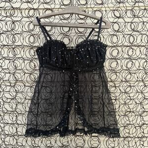 Fredericks of Hollywood Black Silver Bling Sheer Lacy Babydoll Slip Seductive XL